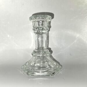Vintage Clear Glass Candlestick Holder Hexagon Base Paneled Stem